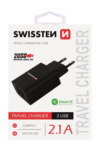 SWISSTEN TRAVEL CHARGER SMART IC, CE WITH 2x USB 2,1A POWER BLACK - SamoTech