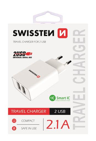 SWISSTEN TRAVEL CHARGER SMART IC, CE WITH 2x USB 2,1A POWER WHITE - SamoTech