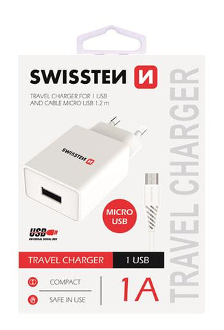 SWISSTEN TRAVEL CHARGER WITH 1x USB 1A POWER WHITE+ MICRO USB 1,2M - SamoTech