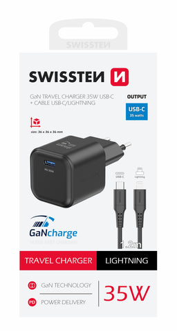 SWISSTEN  CHARGER GaN 1x USB-C 35W POWER DELIVERY BLACK + DATA CABLE USB-C/LIGHTNING 1,2M BLACK