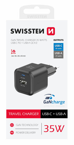 SWISSTEN CHARGER GaN 1x USB-C 35W PD + 1x USB-A 27W QC BLACK