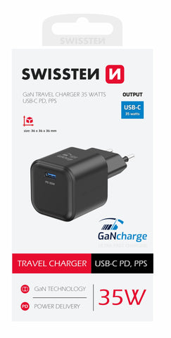 SWISSTEN CHARGER GaN 1x USB-C 35W POWER DELIVERY BLACK