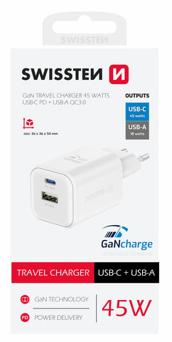 SWISSTEN  CHARGER GaN 1x USB-C 45W PD + 1x USB-A 18W QC WHITE