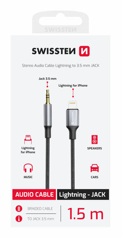 AUDIO ADAPTER SWISSTEN TEXTILE LIGHTNING (male) /3,5 mm JACK (male) 1,5 M BLACK