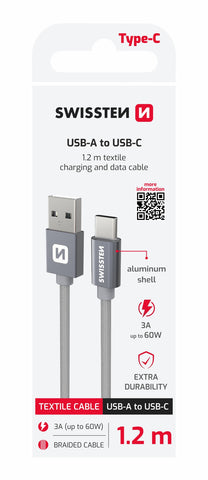 DATA CABLE SWISSTEN TEXTILE USB / USB-C 1.2 M GREY