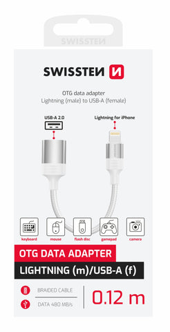 OTG ADAPTER SWISSTEN TEXTILE LIGHTNING (male) / USB-A (female) 0,12 M WHITE