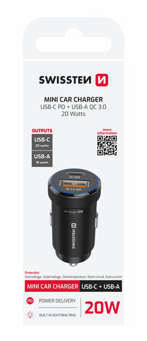 SWISSTEN CAR ADAPTER, USB-C PD + USB-A, 20W BLACK