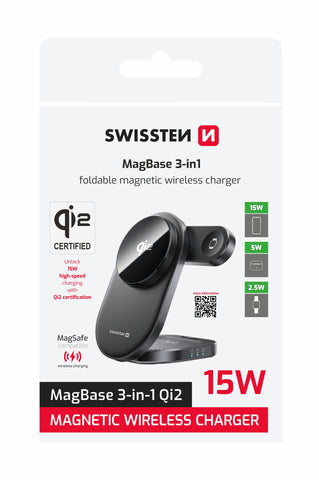 SWISSTEN FOLDABLE WIRELESS Qi2 CHARGER MagBase 3in1 BLACK (MagSafe compatible)