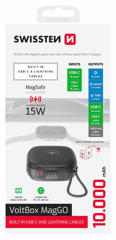 SWISSTEN POWER BANK VOLTBOX MagGO 10000 mAh WITH BUILT-IN CABLES + MAGSAFE + APPLE WATCH