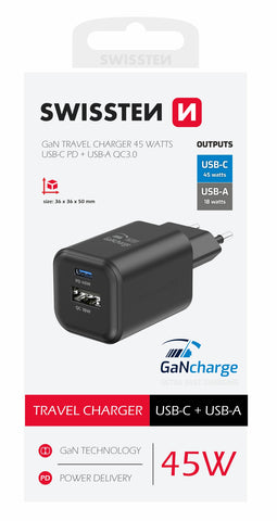SWISSTEN  CHARGER GaN 1x USB-C 45W PD + 1x USB-A 18W QC BLACK