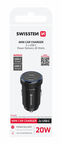 SWISSTEN CAR ADAPTER 2x USB-C PD, 20W BLACK