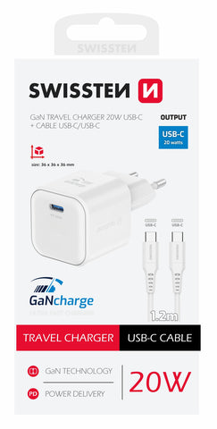 SWISSTEN  CHARGER GaN 1x USB-C 20W POWER DELIVERY WHITE + DATA CABLE USB-C/USB-C 1,2 M WHITE