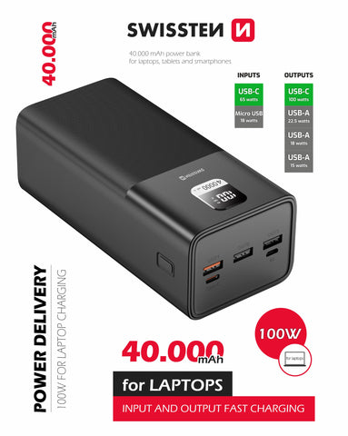 SWISSTEN POWER LINE POWER BANK 40000 mAh 100W POWER DELIVERY BLACK