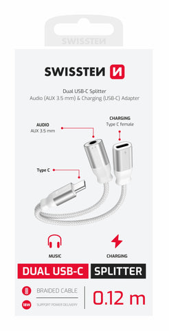 CHARGING AUDIO ADAPTER SWISSTEN TEXTILE USB-C (male) / USB-C (female) and 3,5mm AUX 0.12 M WHITE