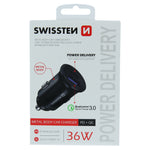 SWISSTEN CAR ADAPTER POWER DELIVERY USB-C + QUICK CHARGE 3.0 36W METAL BLACK