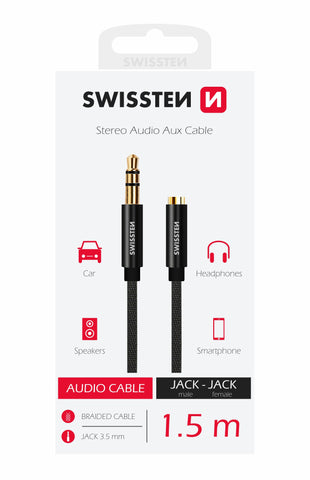 AUDIO CABLE SWISSTEN TEXTILE 3,5 mm JACK (male) - 3,5 mm JACK (female) 1,5 M BLACK
