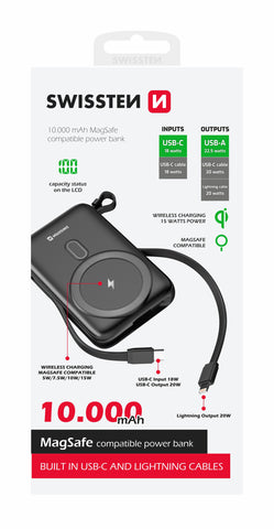 SWISSTEN POWER BANK 10000 mAh 20W (MagSafe compatible) WITH BUILT-IN CABLES USB-C AND LIGHTNING