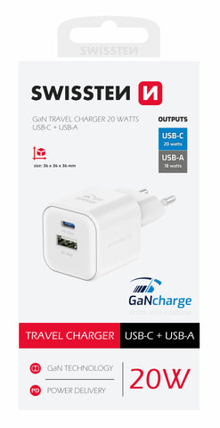 SWISSTEN CHARGER GaN 1x USB-C 20W PD AND 1x USB-A 18W QC WHITE