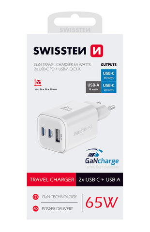 SWISSTEN CHARGER GaN 2x USB-C 65W PD + 1x USB-A 18W QC WHITE