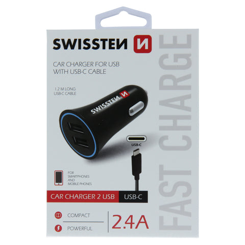 SWISSTEN CAR CHARGER 2,4A POWER WITH 2x USB + CABLE USB-C - SamoTech