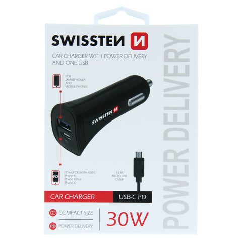 SWISSTEN CAR CHARGER POWER DELIVERY USB-C AND USB 2.4A 30W POWER + CABLE MICRO USB - SamoTech