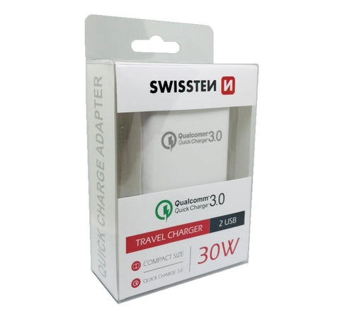 SWISSTEN TRAVEL QUICK CHARGER QUALCOMM 3.0 +SMART IC 2x USB 30W POWER WHITE - SamoTech