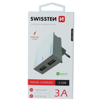 SWISSTEN TRAVEL CHARGER SMART IC, CE WITH 2x USB 3A POWER WHITE - SamoTech