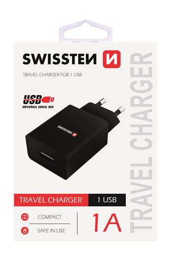 SWISSTEN TRAVEL CHARGER WITH 1x USB 1A POWER BLACK - SamoTech