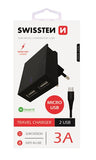 SWISSTEN TRAVEL CHARGER SMART IC, 2xUSB 3A POWER BLACK+MICRO USB 1,2M - SamoTech