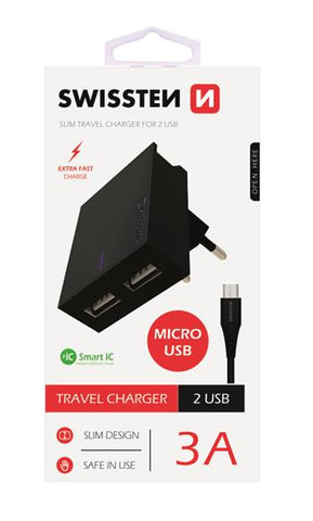 SWISSTEN TRAVEL CHARGER SMART IC, 2xUSB 3A POWER BLACK+MICRO USB 1,2M - SamoTech
