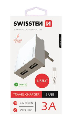 SWISSTEN TRAVEL CHARGER SMART IC, 2xUSB 3A POWER WHITE+TYPE C USB 1,2M - SamoTech