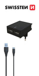 SWISSTEN TRAVEL CHARGER SMART IC, 2xUSB 3A POWER BLACK+TYPE C USB 1,2M - SamoTech