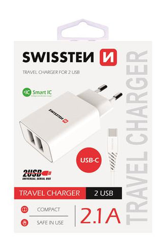 SWISSTEN TRAVEL CHARGER SMART IC WITH 2xUSB 2,1A POWER WHITE+USB TYPE C 1,2M - SamoTech