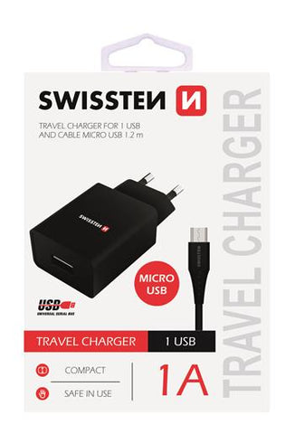 SWISSTEN TRAVEL CHARGER WITH 1x USB 1A POWER BLACK+ MICRO USB 1,2M - SamoTech