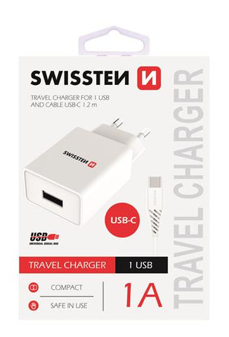 SWISSTEN TRAVEL CHARGER WITH 1x USB 1A POWER WHITE+ TYPE C USB 1,2M - SamoTech
