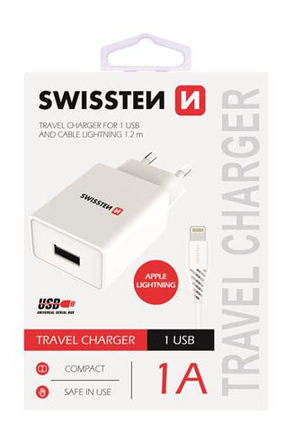SWISSTEN TRAVEL CHARGER WITH 1x USB 1A POWER WHITE+ LIGHTNING 1,2M - SamoTech