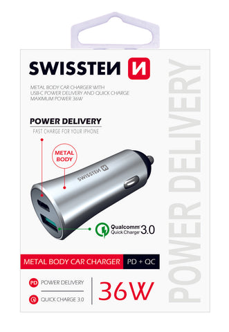 SWISSTEN FAST CAR CHARGER USB-C + QUICK CHARGE 3.0 36W METAL SILVER - SamoTech