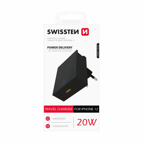 IPHONE 12 CHARGER FROM SWISSTEN, POWER DELIVERY 20W, BLACK - SamoTech